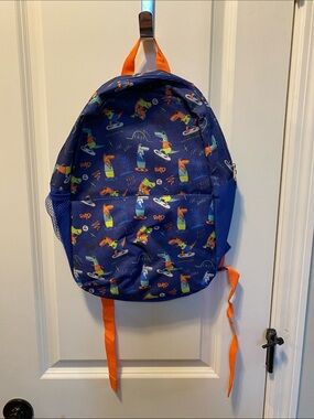 Kids Blue Skate Dog Print Backpack with Orange Accents